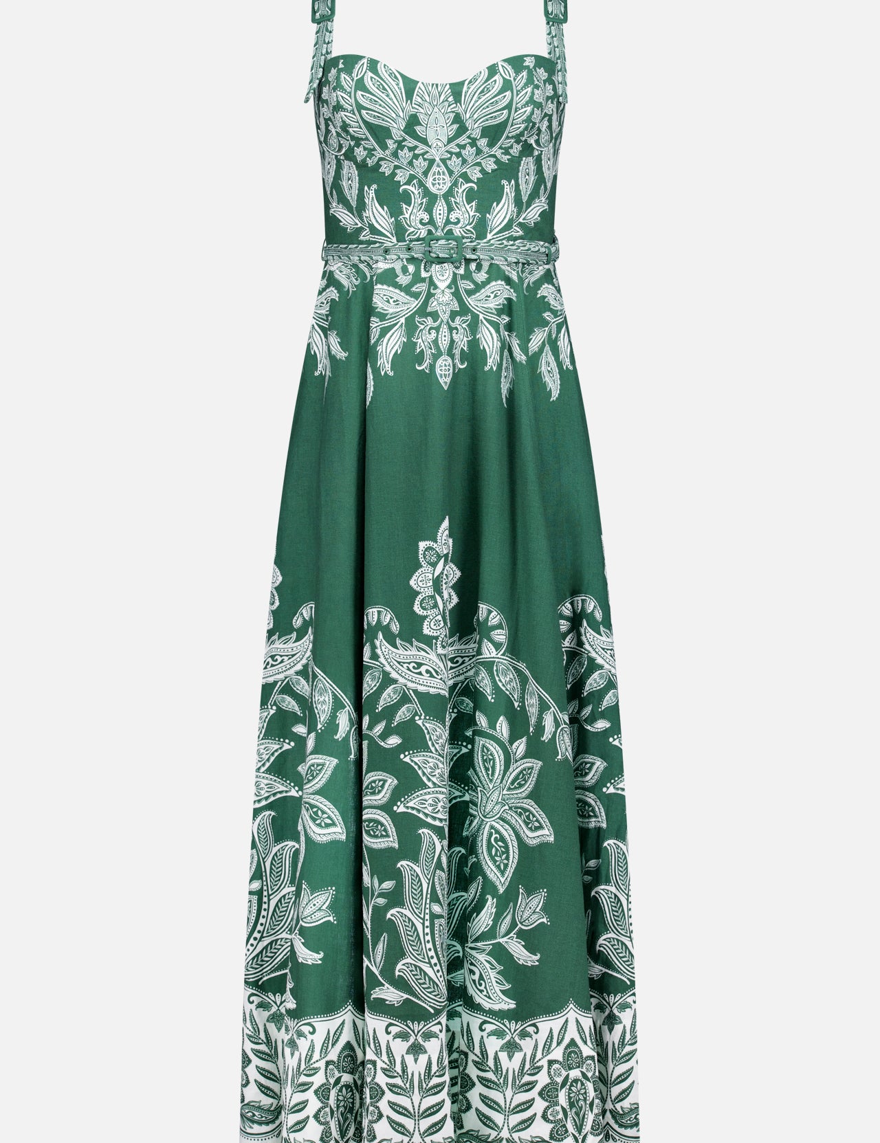 The FARM RIO Miranda Belt Buckles Maxi Dress is a sleeveless dark green maxi with white floral and leaf prints, decorative straps, a fitted bodice, flared skirt, and stylish belt buckles—ideal for resort wear.