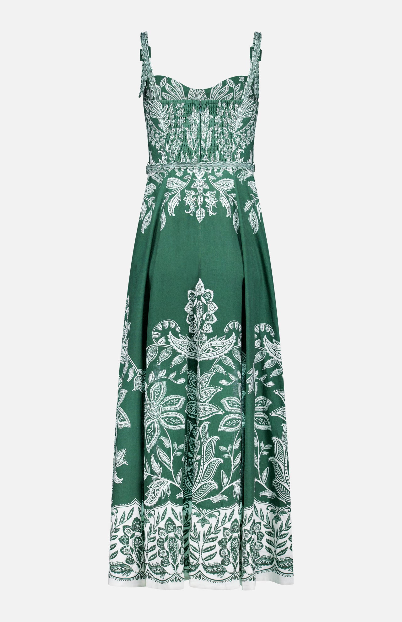 The FARM RIO Miranda Belt Buckles Maxi Dress features a dark green hue, sleeveless design, wide straps, white floral and leaf embroidery, a ruched fitted bodice, and a flared skirt with intricate hem patterns.