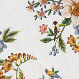 The Nature Sand Mini Dress by FARM RIO features a detailed botanical illustration on white fabric, with vibrant flowers, green leaves, and small birds for a vintage, natural look.