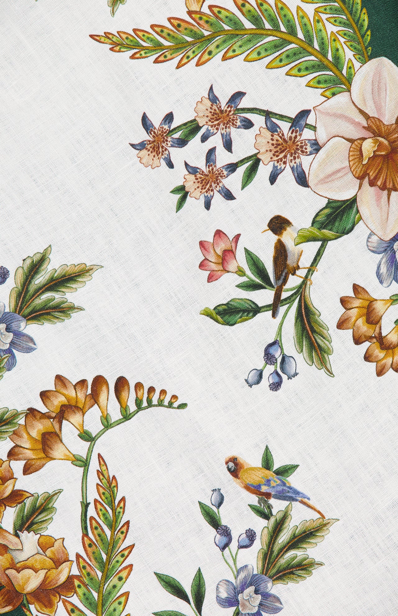 The Nature Sand Mini Dress by FARM RIO features a detailed botanical illustration on white fabric, with vibrant flowers, green leaves, and small birds for a vintage, natural look.