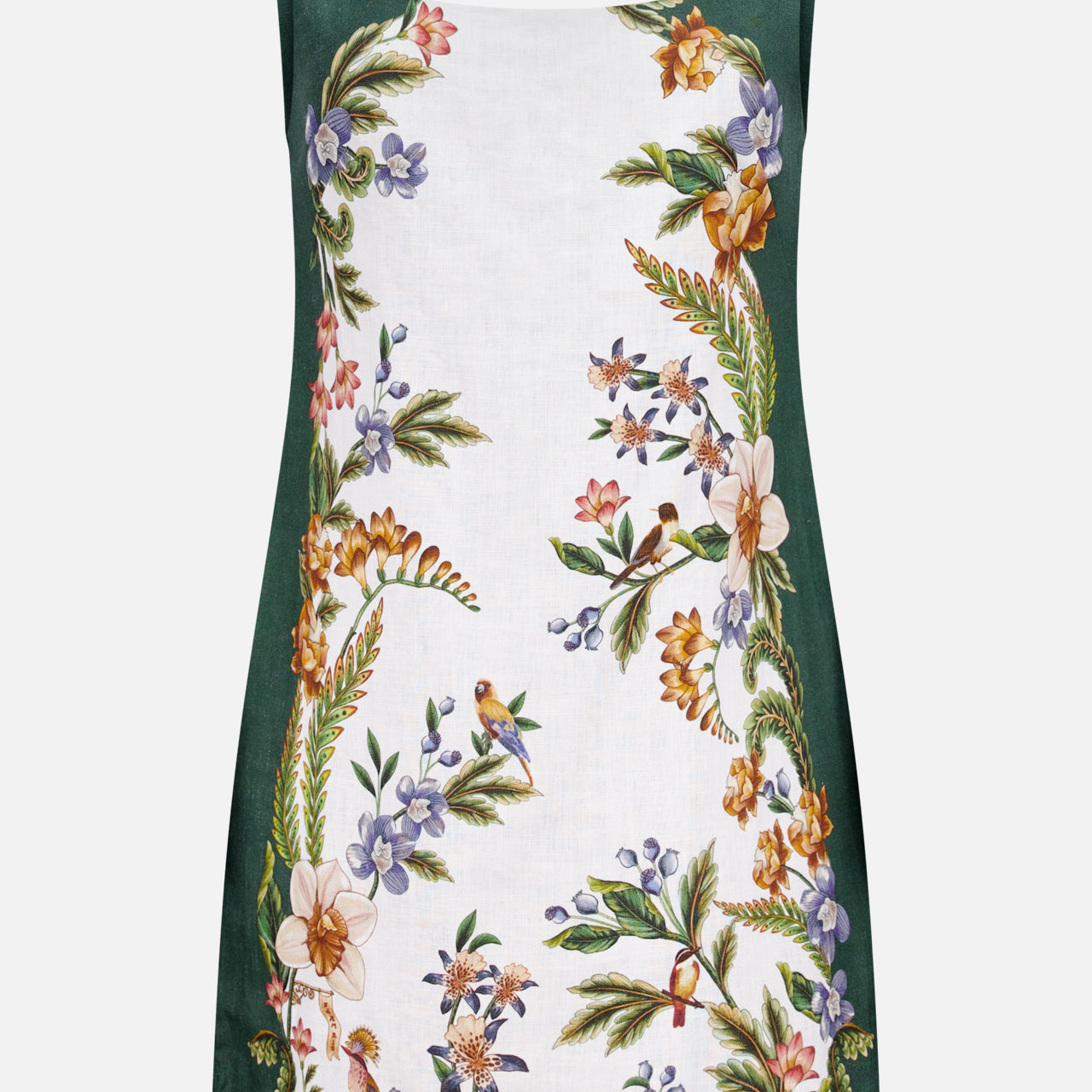 The Nature Sand Mini Dress by FARM RIO is a sleeveless dark green mini dress with a square neckline and a white center panel decorated with a vibrant floral and leaf print in pink, yellow, purple, blue, and green.