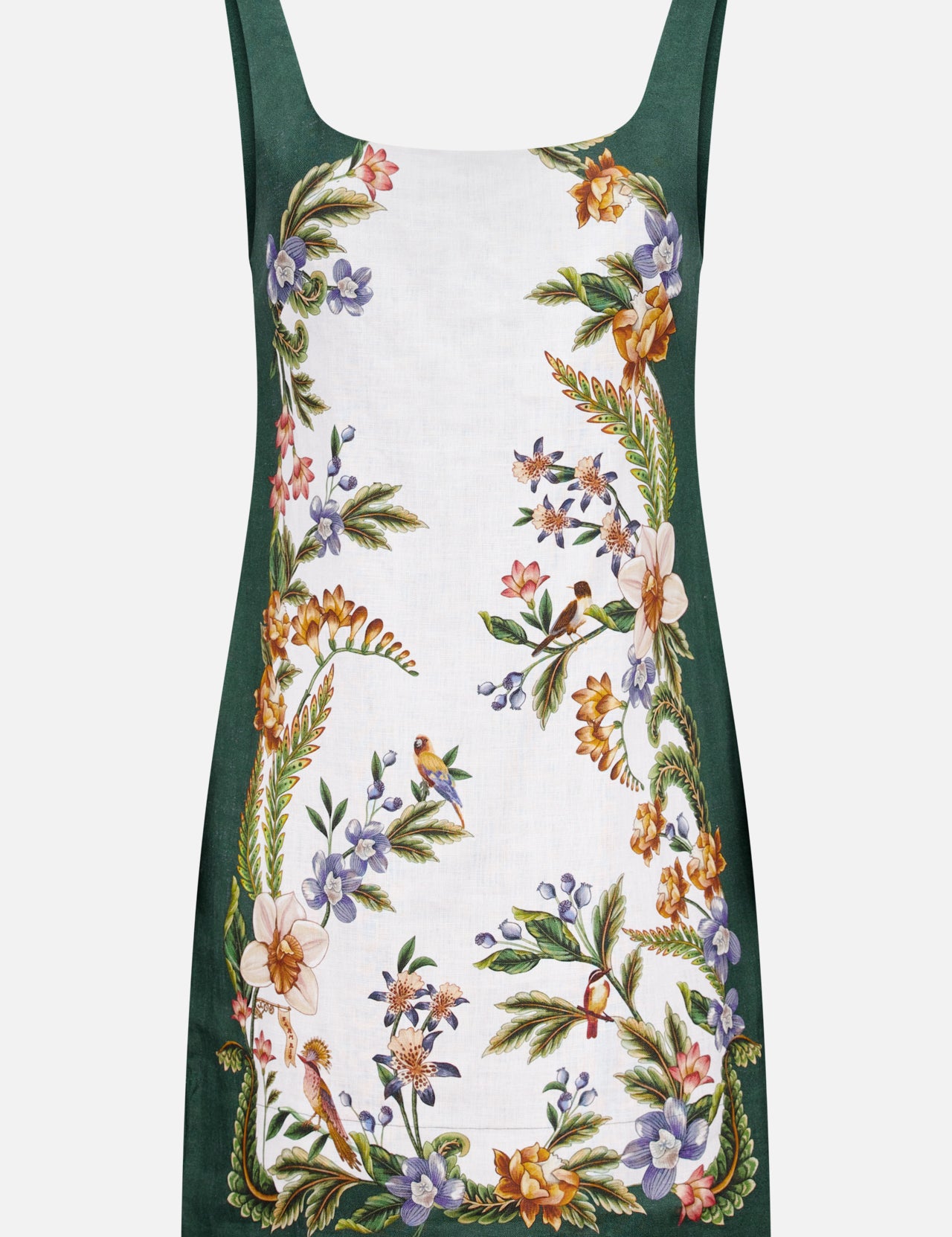 The Nature Sand Mini Dress by FARM RIO is a sleeveless dark green mini dress with a square neckline and a white center panel decorated with a vibrant floral and leaf print in pink, yellow, purple, blue, and green.