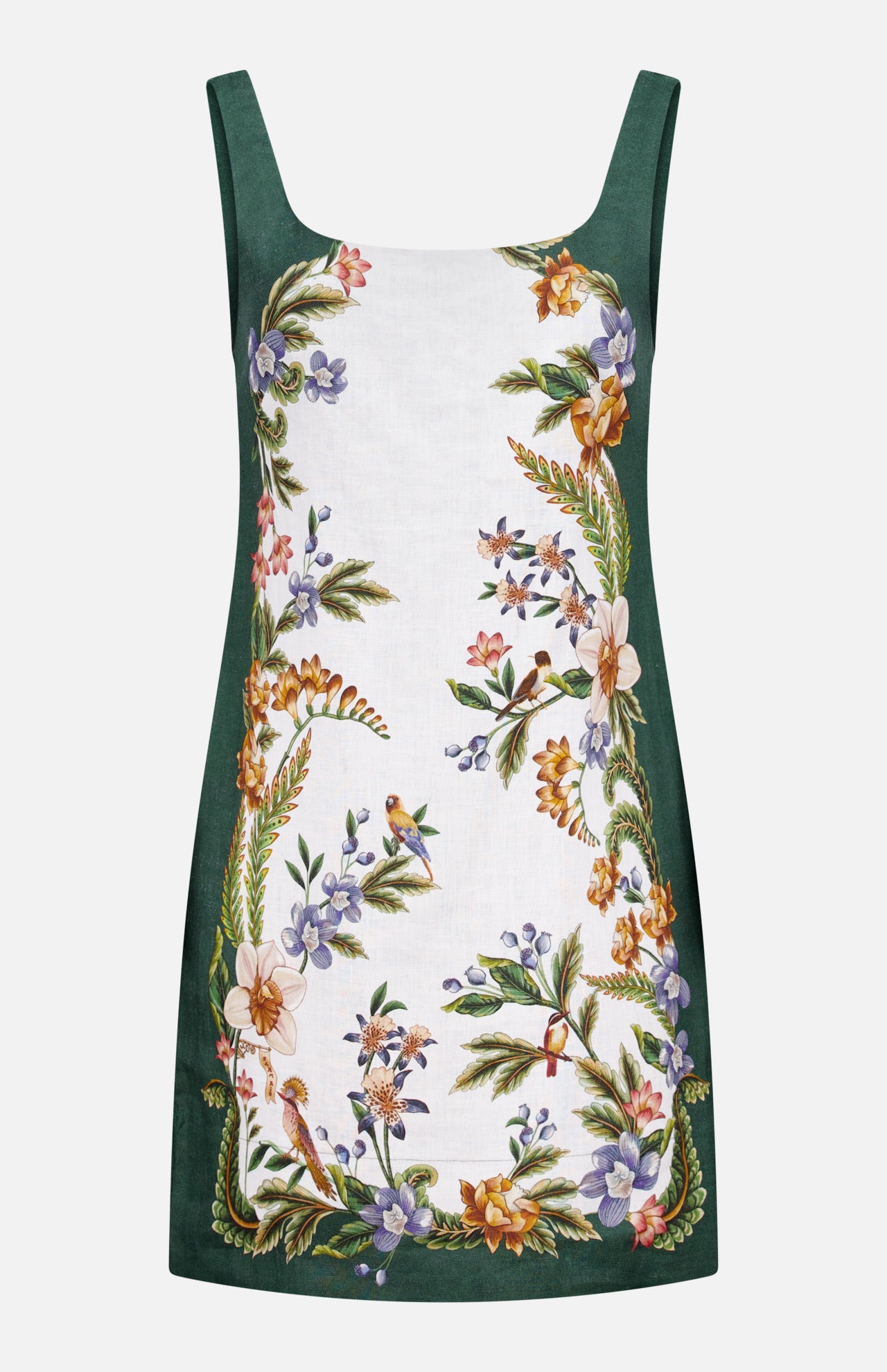 The Nature Sand Mini Dress by FARM RIO is a sleeveless dark green mini dress with a square neckline and a white center panel decorated with a vibrant floral and leaf print in pink, yellow, purple, blue, and green.