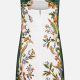 The FARM RIO Nature Sand Mini Dress is a sleeveless linen dress with a square neckline, dark green border, central white panel, vibrant floral and bird print, nature-inspired ornate design, and a front zipper.