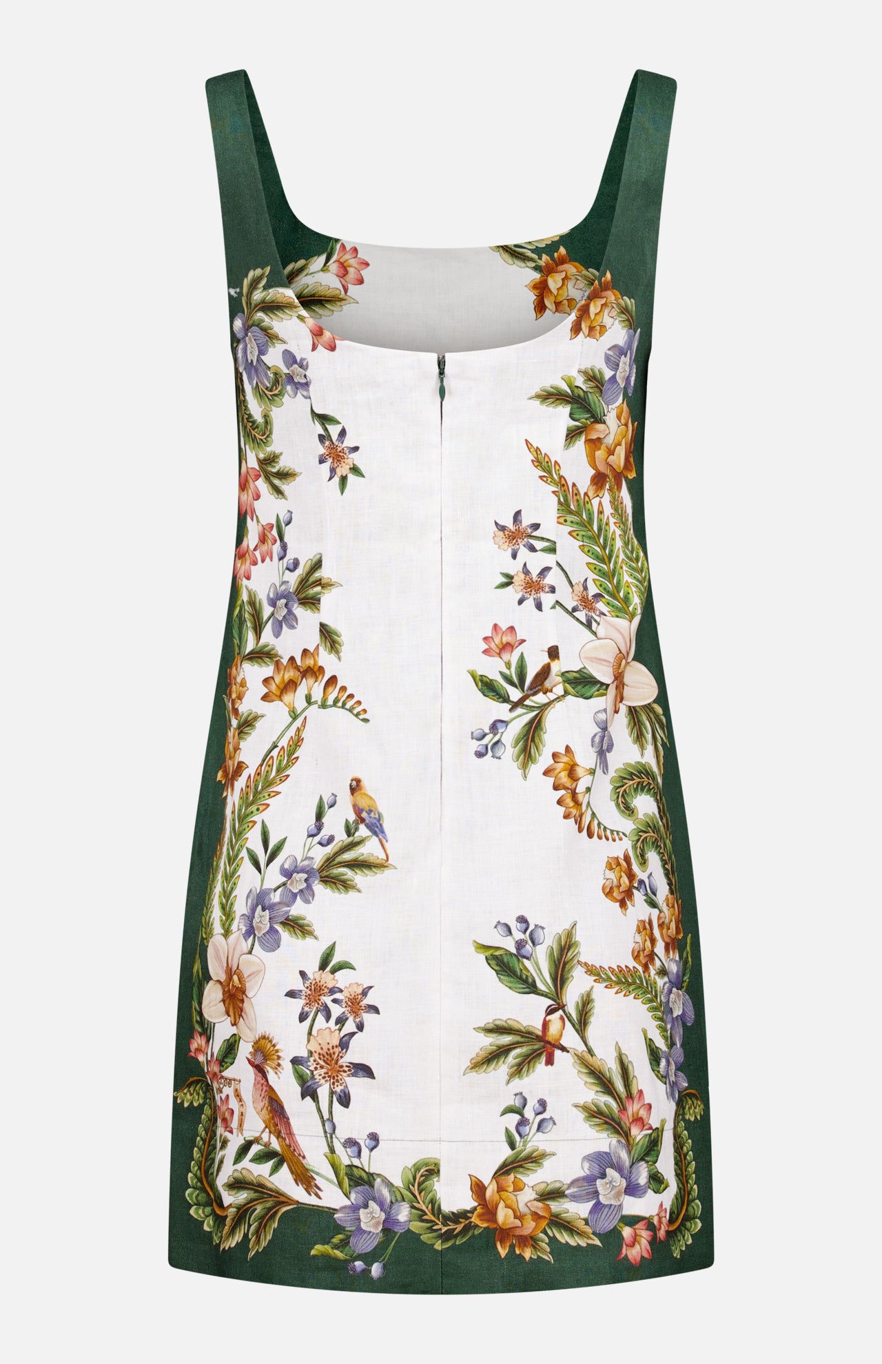 The FARM RIO Nature Sand Mini Dress is a sleeveless linen dress with a square neckline, dark green border, central white panel, vibrant floral and bird print, nature-inspired ornate design, and a front zipper.
