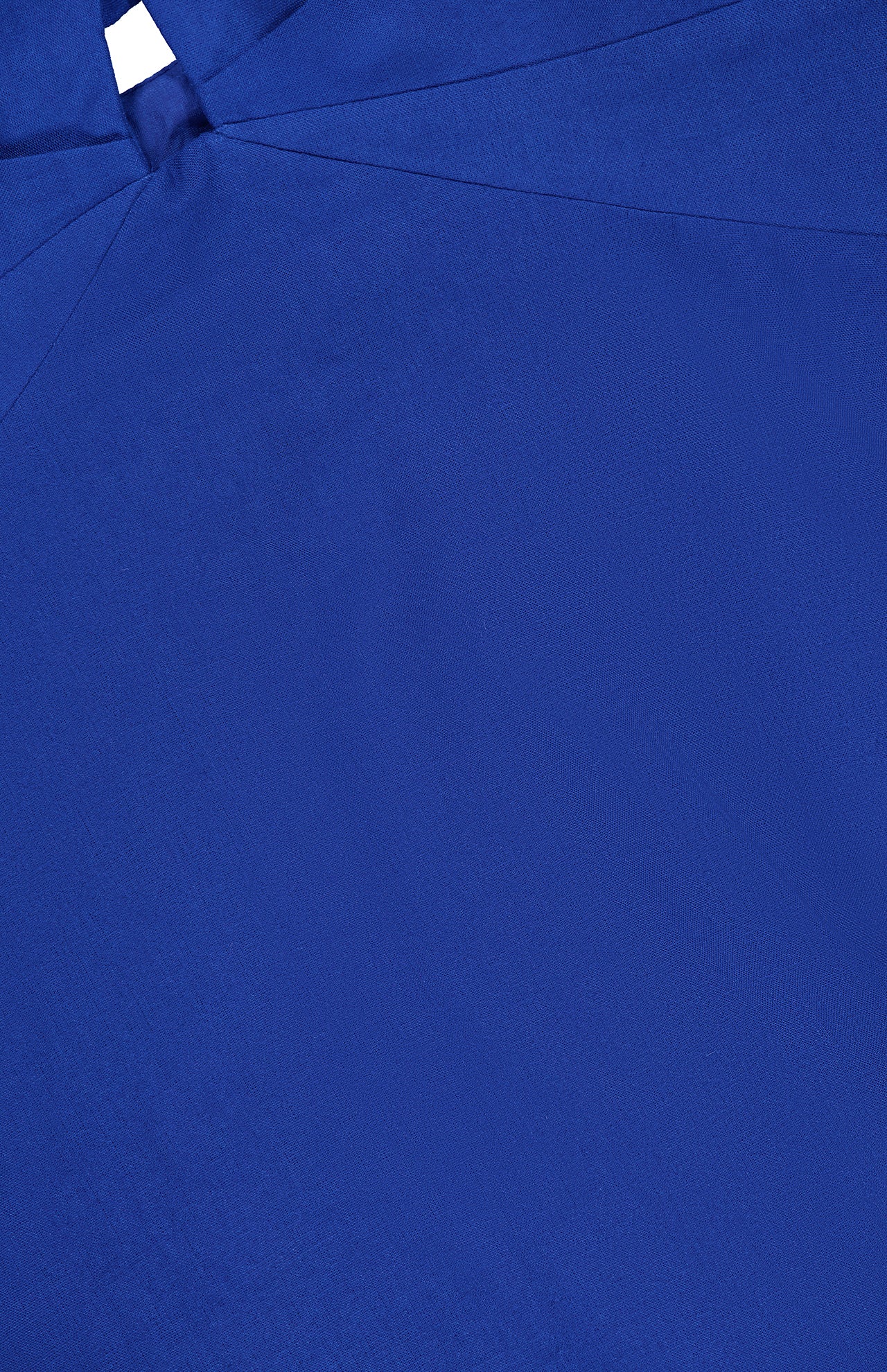 Close-up of the FARM RIO Paper Boat Origami Bust Mini Dress in blue, highlighting its origami neckline, pleats, seams, smooth matte fabric, and a small white tag at the top left.