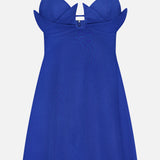The Paper Boat Origami Bust Mini Dress by FARM RIO features a vibrant blue hue, thin straps, an origami-inspired neckline with petal details, and a flared skirt—making it ideal for summer parties.
