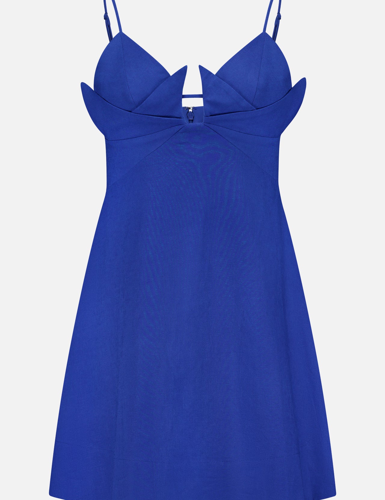 The Paper Boat Origami Bust Mini Dress by FARM RIO features a vibrant blue hue, thin straps, an origami-inspired neckline with petal details, and a flared skirt—making it ideal for summer parties.