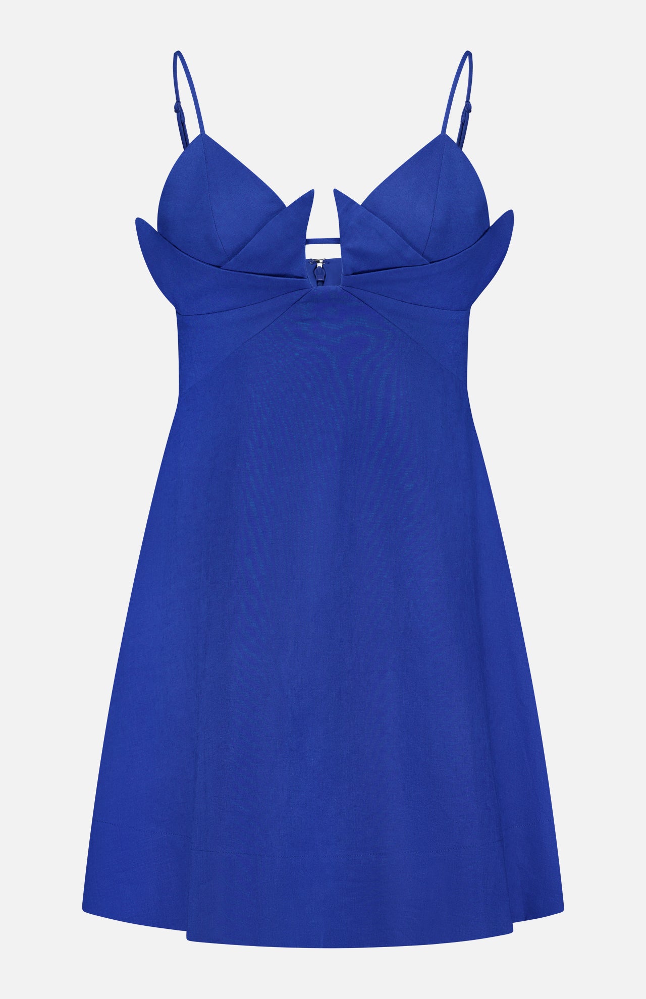 The Paper Boat Origami Bust Mini Dress by FARM RIO features a vibrant blue hue, thin straps, an origami-inspired neckline with petal details, and a flared skirt—making it ideal for summer parties.