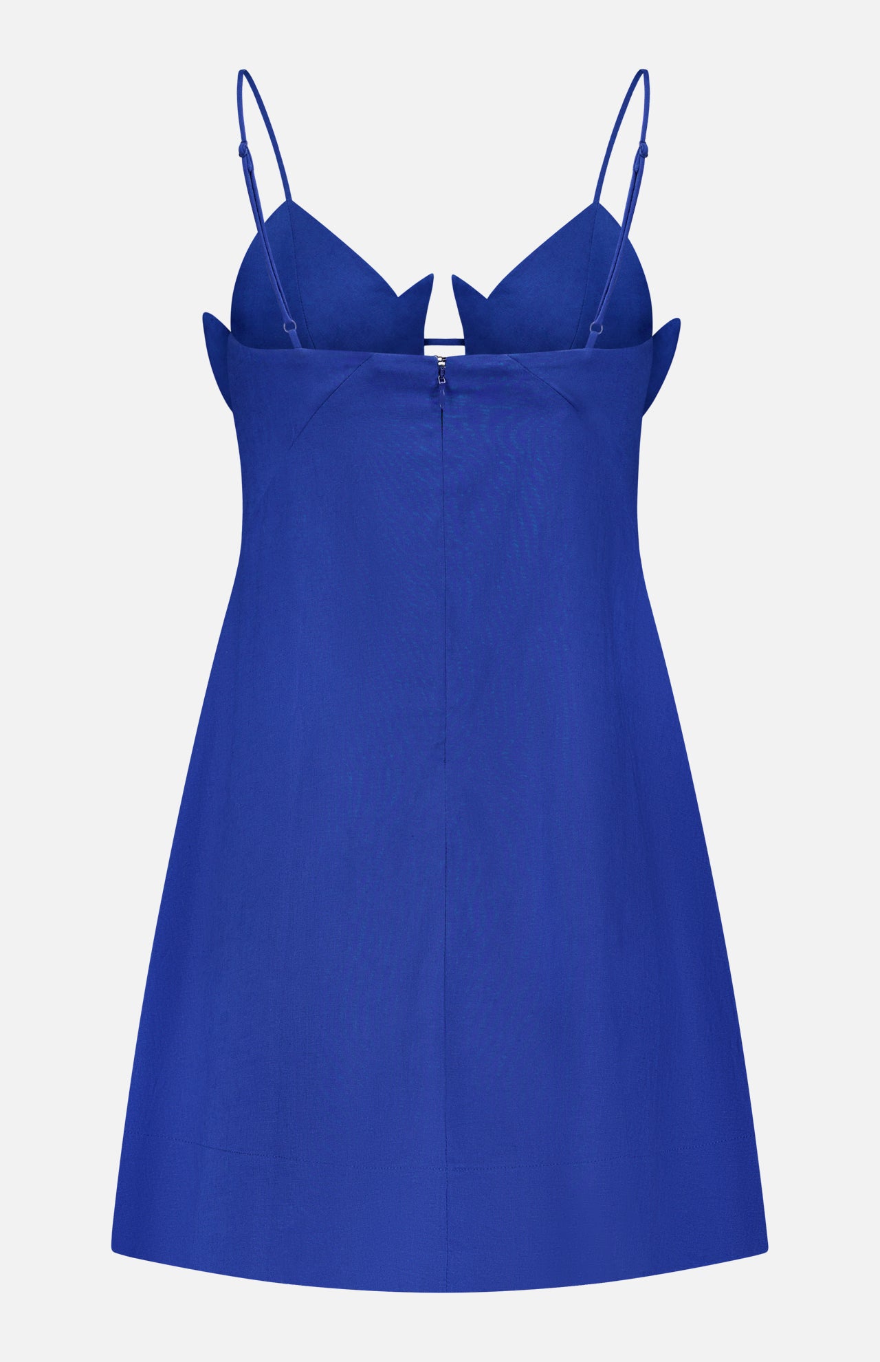 The Paper Boat Origami Bust Mini Dress by FARM RIO is a royal blue mini dress with spaghetti straps, a fitted bodice with petal-like origami details, and a flared A-line skirt—a modern summer party look for any occasion.