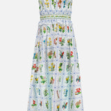 The FARM RIO Tropical Porcelain Maxi Dress is a sleeveless, long white cotton dress with blue grid lines, colorful floral and botanical prints, ruffled cap sleeves, and a cinched smocked waist.