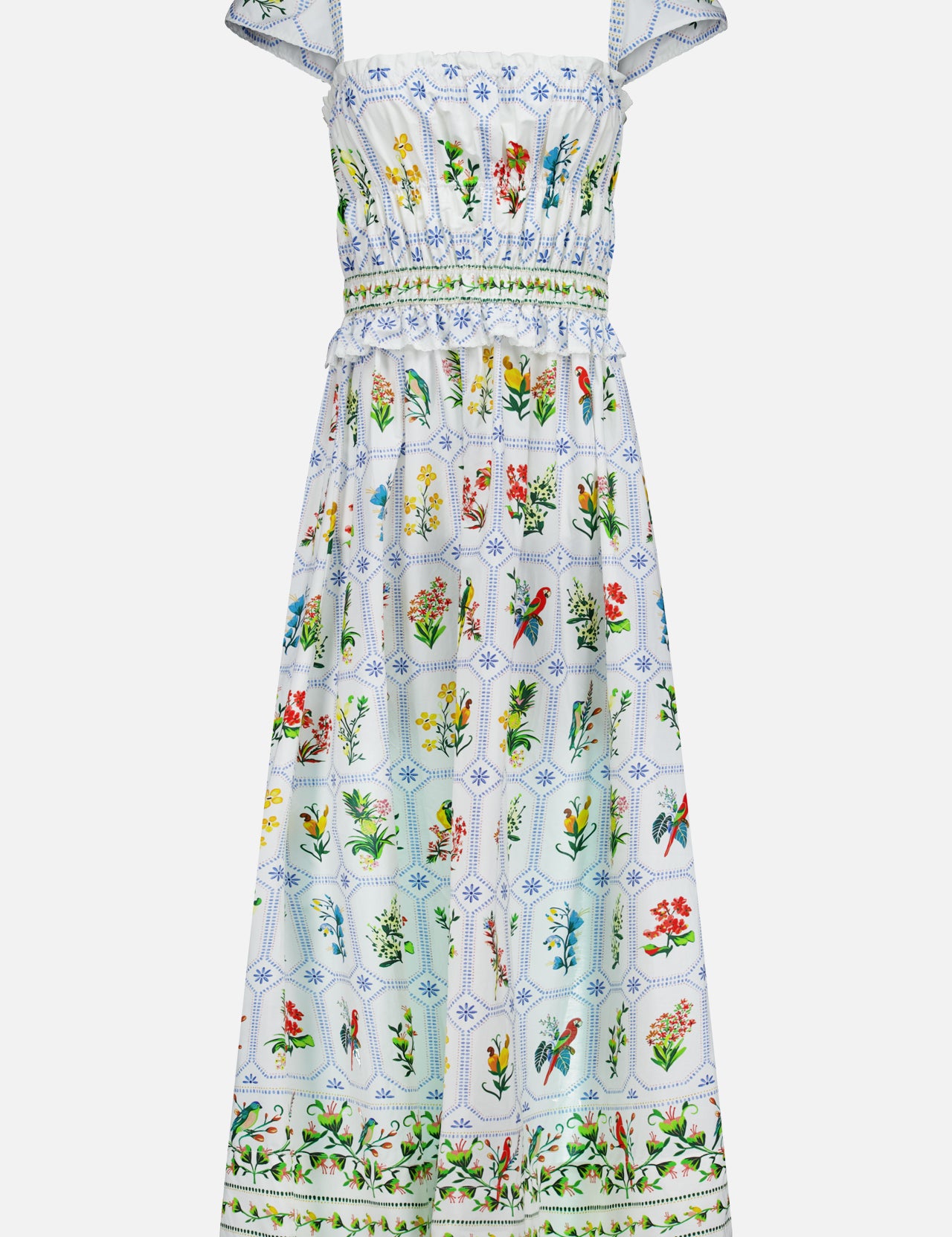 The FARM RIO Tropical Porcelain Maxi Dress is a sleeveless, long white cotton dress with blue grid lines, colorful floral and botanical prints, ruffled cap sleeves, and a cinched smocked waist.