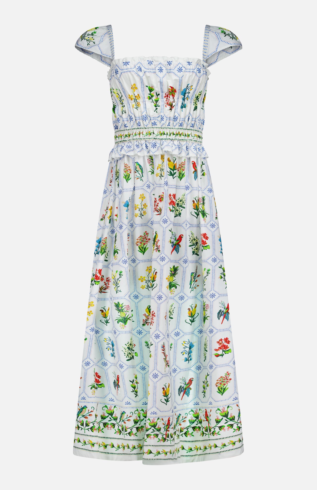 The FARM RIO Tropical Porcelain Maxi Dress is a sleeveless, long white cotton dress with blue grid lines, colorful floral and botanical prints, ruffled cap sleeves, and a cinched smocked waist.