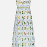 The FARM RIO Tropical Porcelain Maxi Dress is a white cotton, sleeveless, ankle-length dress with blue stitching, vibrant floral pattern, smocked waist at the bust, and ruffled shoulder straps for a charming summer look.