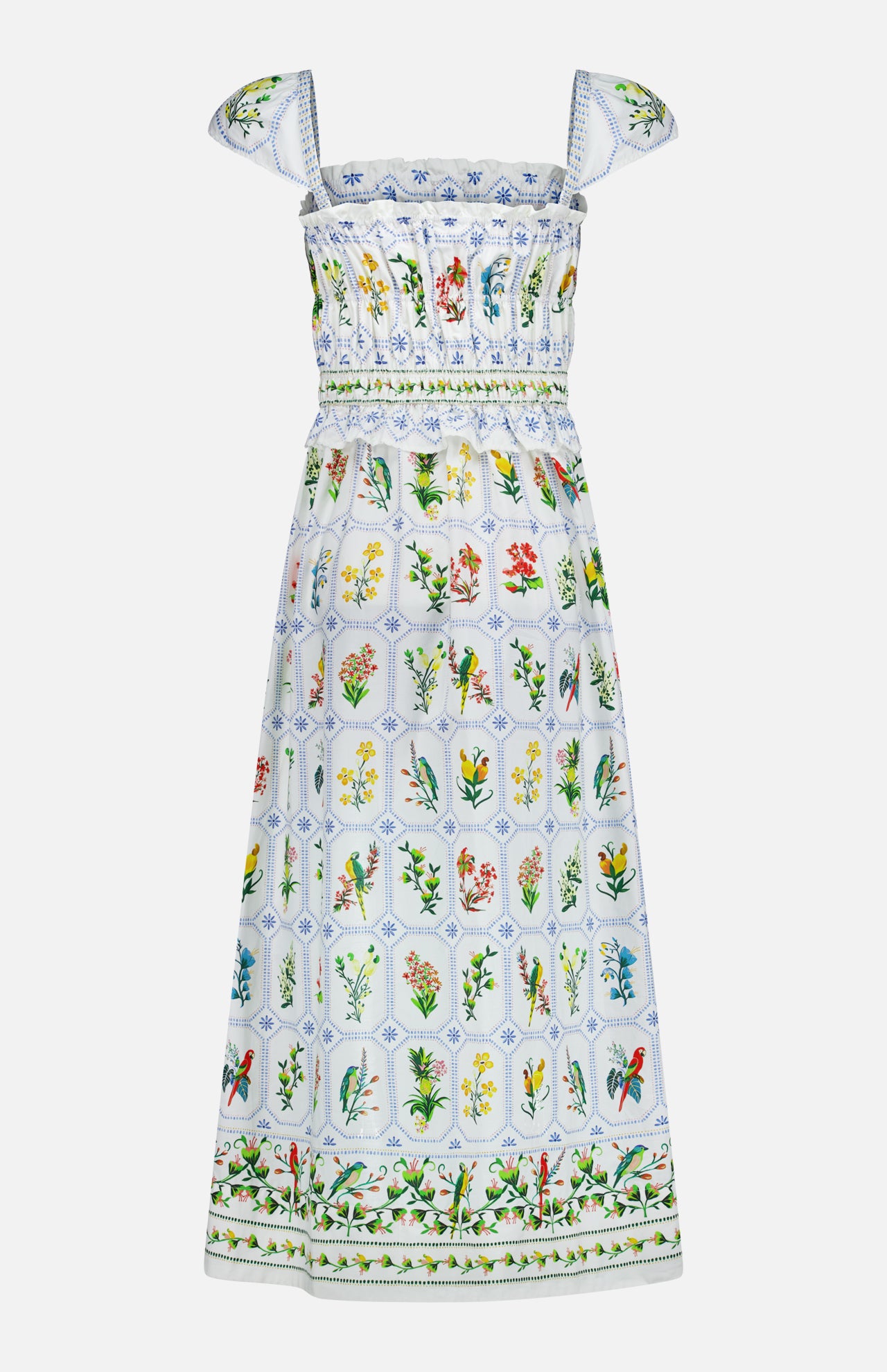 The FARM RIO Tropical Porcelain Maxi Dress is a white cotton, sleeveless, ankle-length dress with blue stitching, vibrant floral pattern, smocked waist at the bust, and ruffled shoulder straps for a charming summer look.