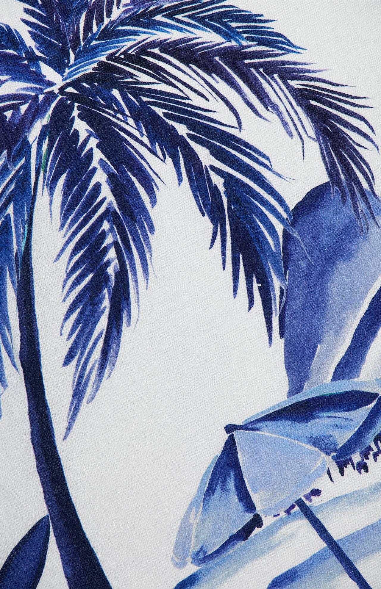 Blue and purple watercolor-style illustration evokes a tropical beach scene, inspiring the FARM RIO Wonderful City Mix Maxi Dress—perfect for fans of bold, artistic patterns and standout summer style.