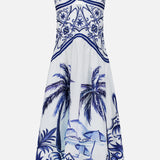 The Wonderful City Mix Maxi Dress by FARM RIO is a sleeveless, blue patterned linen maxi featuring palm trees, florals, and geometric motifs. Its fitted bodice and flared skirt make it a charming choice for warm days.