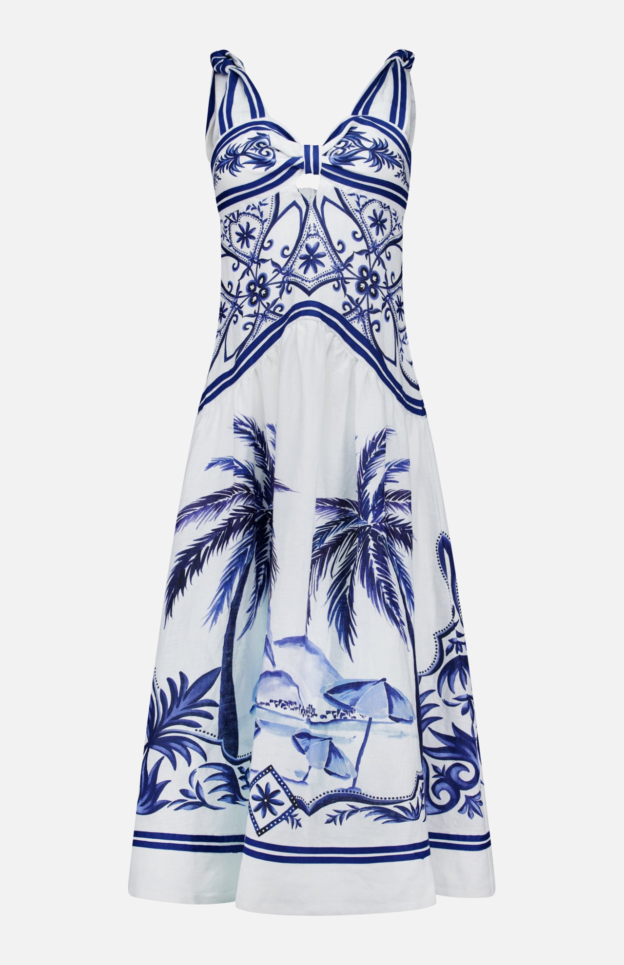 The Wonderful City Mix Maxi Dress by FARM RIO is a sleeveless, blue patterned linen maxi featuring palm trees, florals, and geometric motifs. Its fitted bodice and flared skirt make it a charming choice for warm days.
