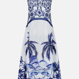 The FARM RIO Wonderful City Mix Maxi Dress features a sleeveless design with vibrant blue tropical prints, including palm trees and geometric patterns, a fitted bodice, and a flared maxi skirt—ideal for sunny days.