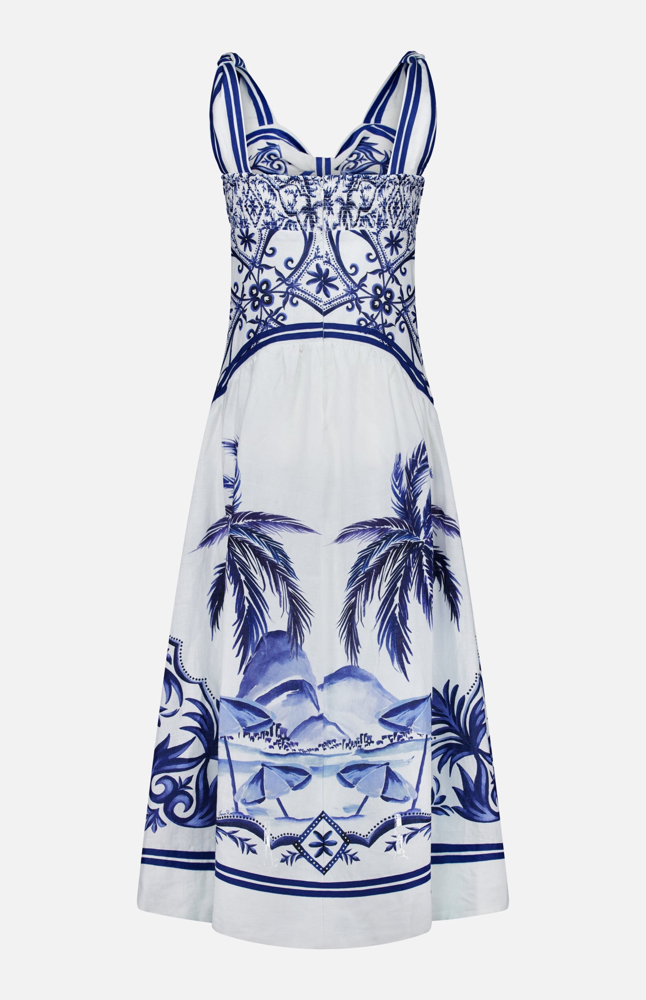 The FARM RIO Wonderful City Mix Maxi Dress features a sleeveless design with vibrant blue tropical prints, including palm trees and geometric patterns, a fitted bodice, and a flared maxi skirt—ideal for sunny days.
