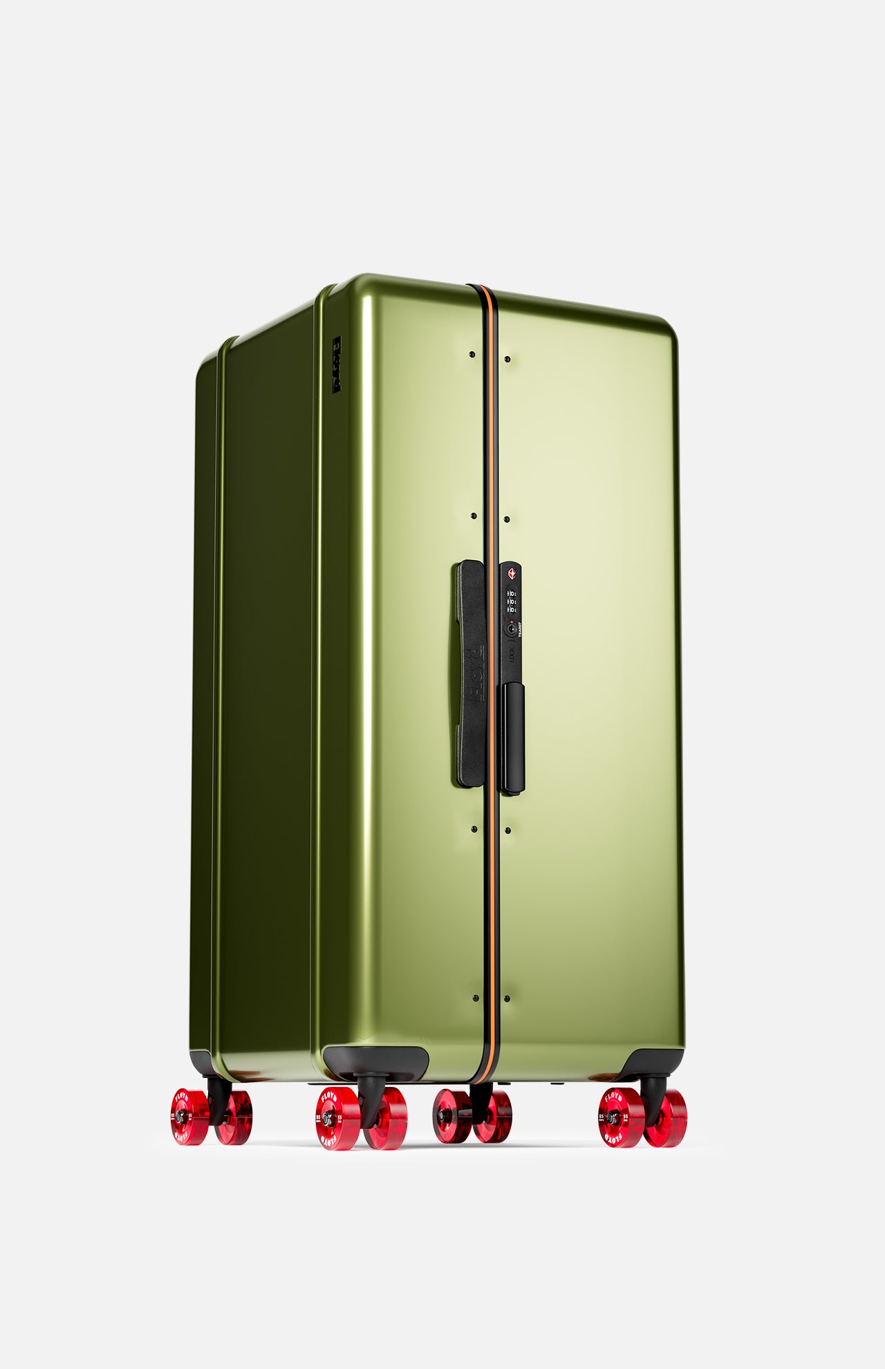 The Bold Suitcase by FLOYD is a metallic green hard-top case with a black handle and lock, featuring signature skateboard-inspired red transparent spinner wheels, shown upright against a plain white background.