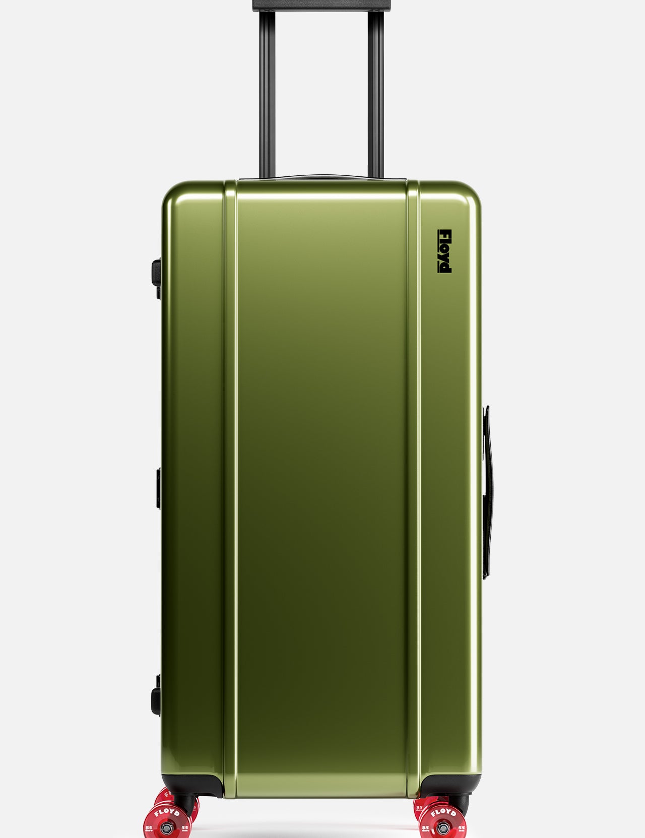 The Bold Suitcase by FLOYD features a hard olive green shell, telescoping handle, and four red skateboard-style spinner wheels, shown upright on a plain white background.