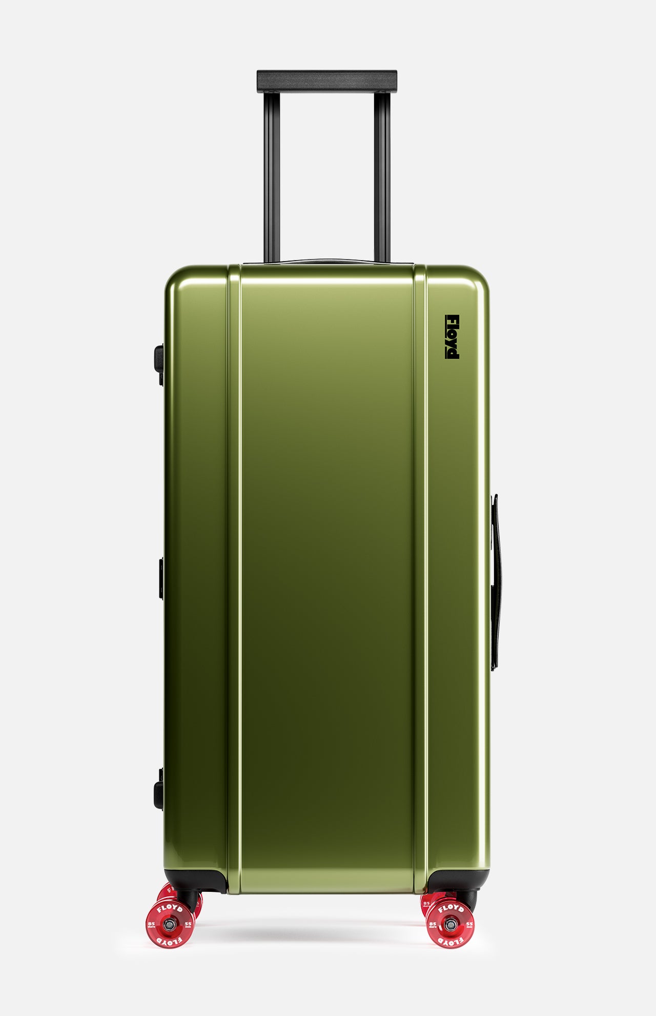 The Bold Suitcase by FLOYD features a hard olive green shell, telescoping handle, and four red skateboard-style spinner wheels, shown upright on a plain white background.
