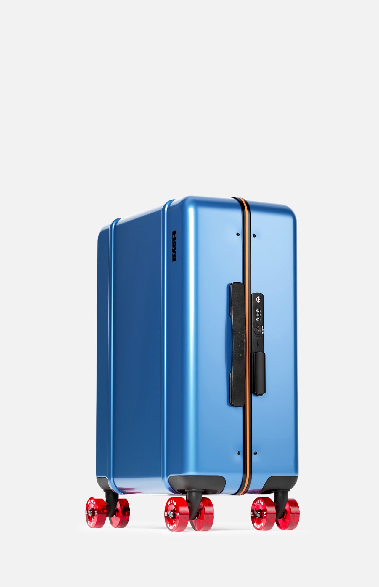 The Cabin Suitcase by FLOYD is a modern blue hard-top suitcase with a black side handle, yellow zipper, TSA lock, and four red transparent skateboard spinner wheels, shown standing upright against a plain white background.