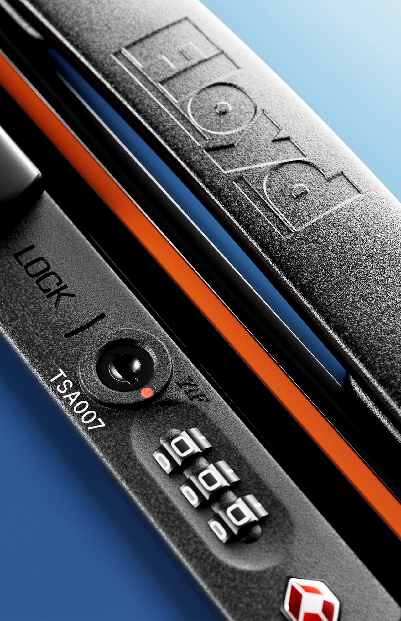 Close-up of The Cabin Suitcase by FLOYD—black hard-top design with orange accents, TSA lock, and zipper pull—set against a blue background.