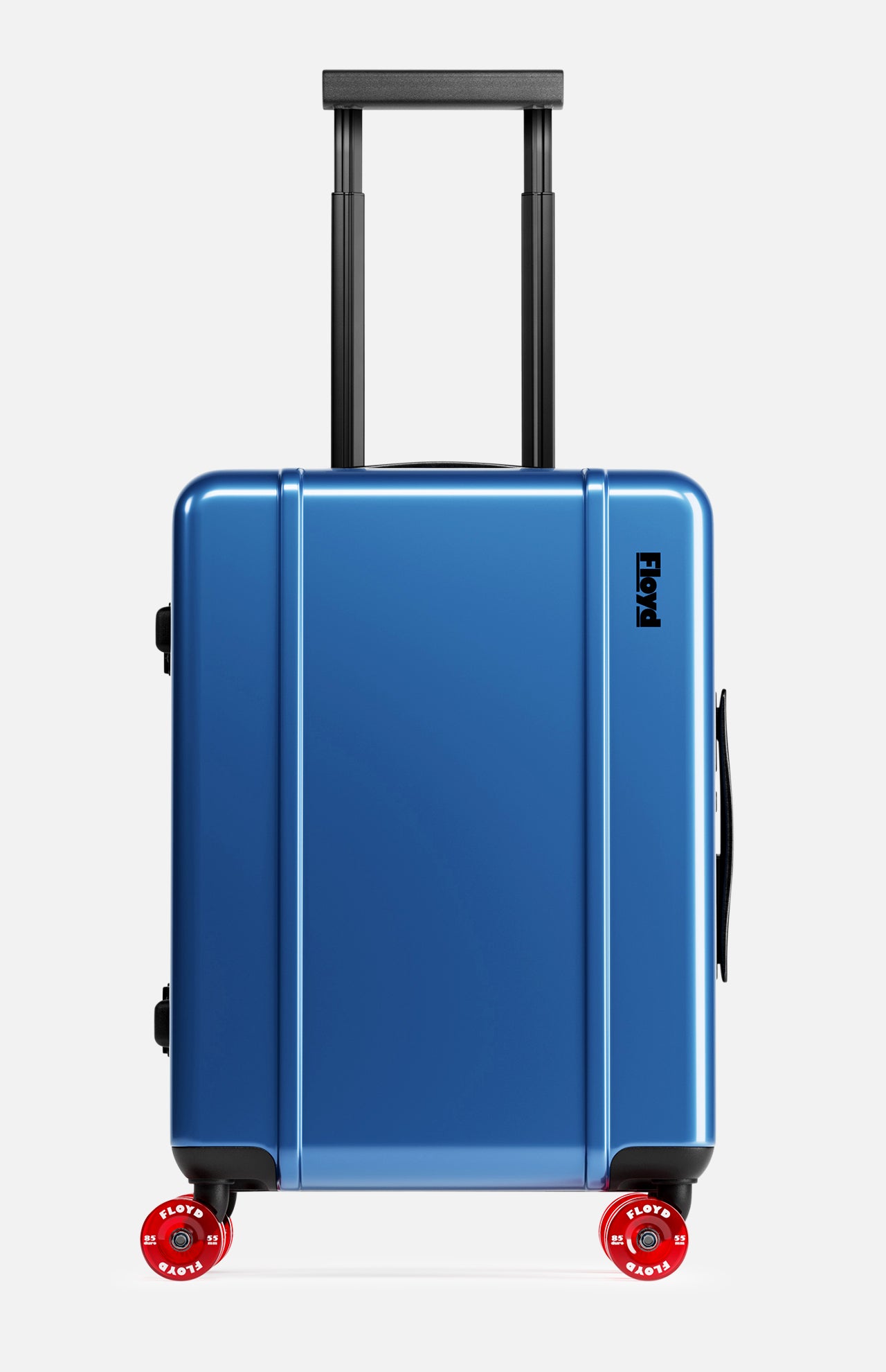 The Cabin Suitcase by FLOYD features a blue hard-top shell, black telescopic handle, two red skateboard spinner wheels, side handle, TSA lock, and a small black logo near the top—all set against a plain white background.