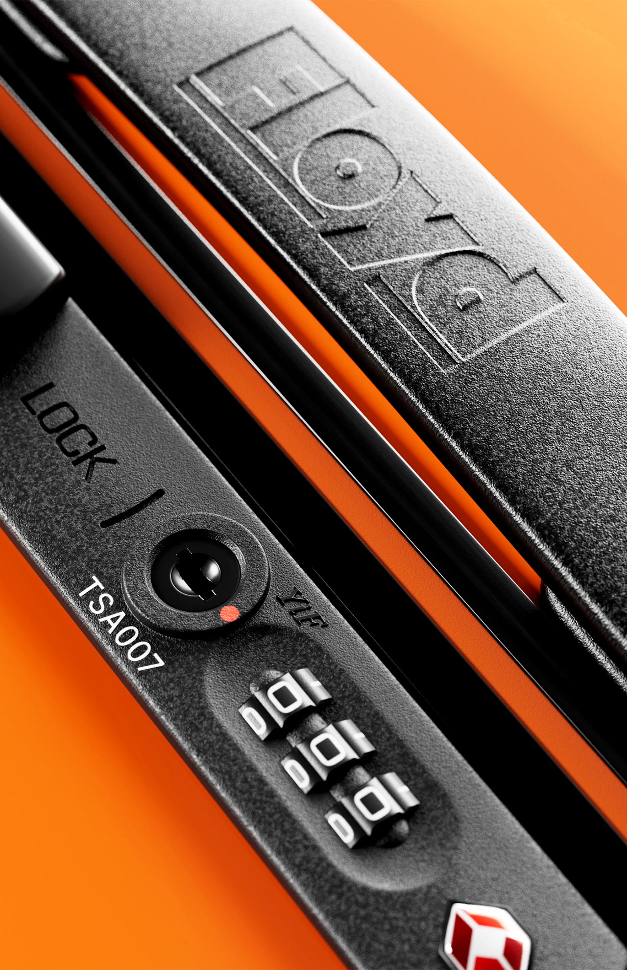Close-up of a black combination lock with a TSA007 keyhole and zipper pull on The Cabin Suitcase by FLOYD, featuring the embossed brand name on the handle—ideal for fitting in any overhead compartment.
