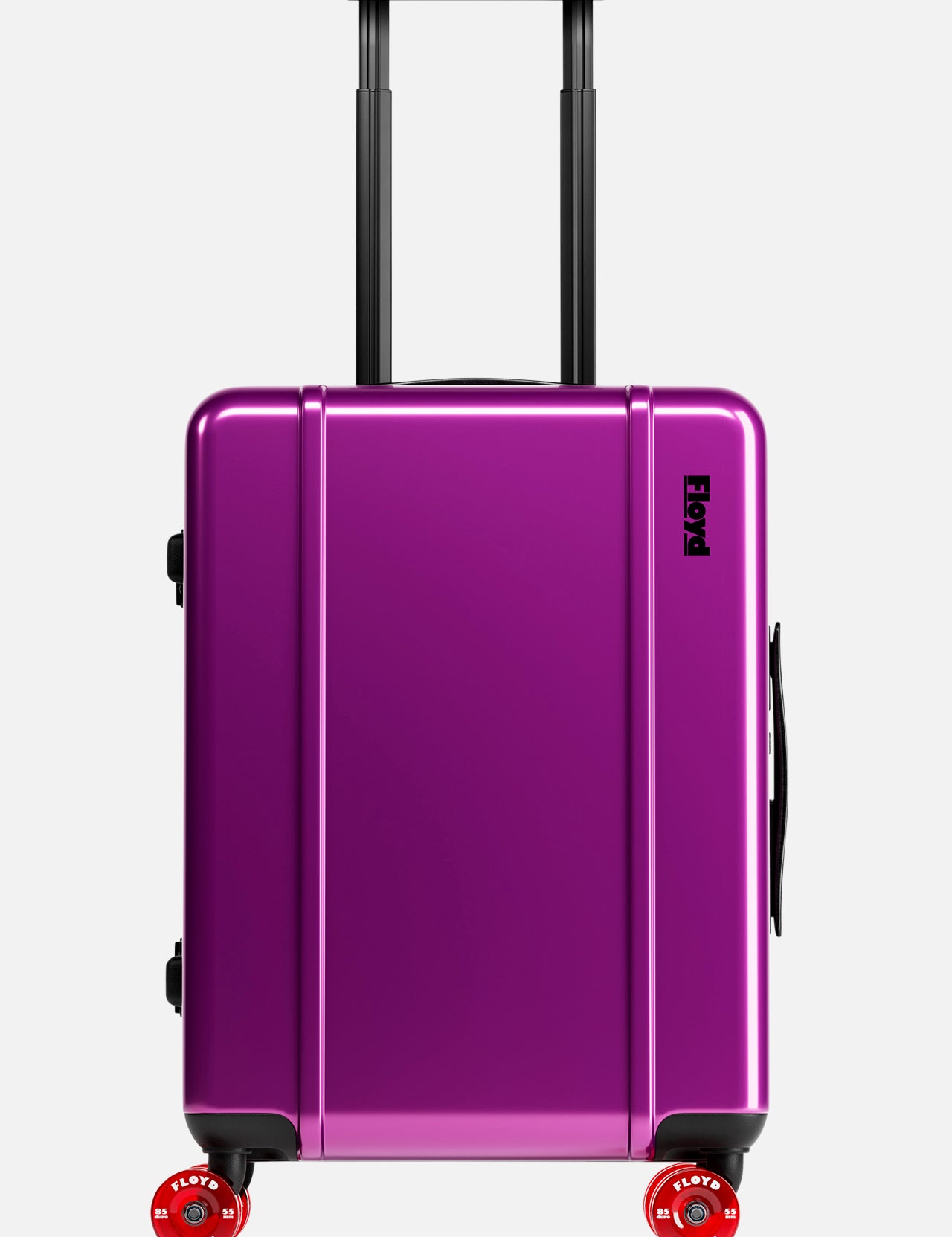 The Cabin Suitcase by FLOYD is a hard-shell, bright purple suitcase with a black handle, red 360° spinner wheels, and a small black logo, shown standing upright against a plain white background.