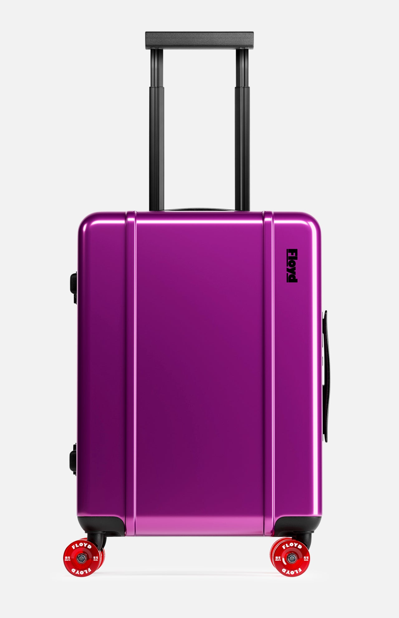 The Cabin Suitcase by FLOYD is a hard-shell, bright purple suitcase with a black handle, red 360° spinner wheels, and a small black logo, shown standing upright against a plain white background.