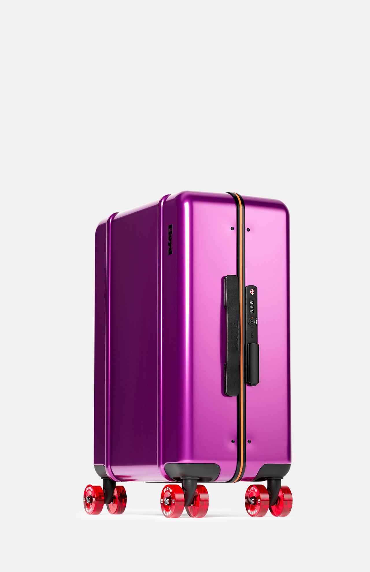 The Cabin Suitcase by FLOYD features a glossy purple hard-top, black handle, orange zipper, built-in TSA lock, and four red translucent 360° spinner wheels, showcased against a plain light background.