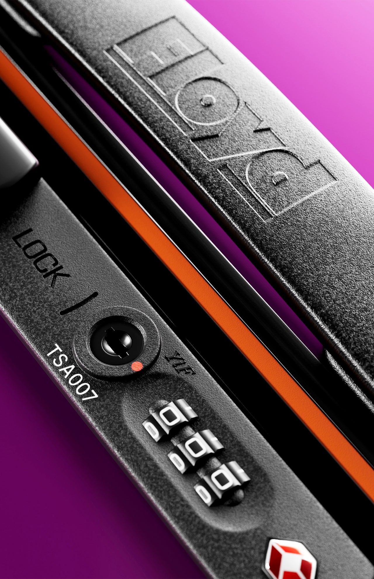 Close-up of FLOYD’s The Cabin Suitcase with a black hard-top, TSA007 code lock, circular keyhole, and “FLOYD” logo on the handle. Shown against a purple background with smooth 360° spinner wheels.