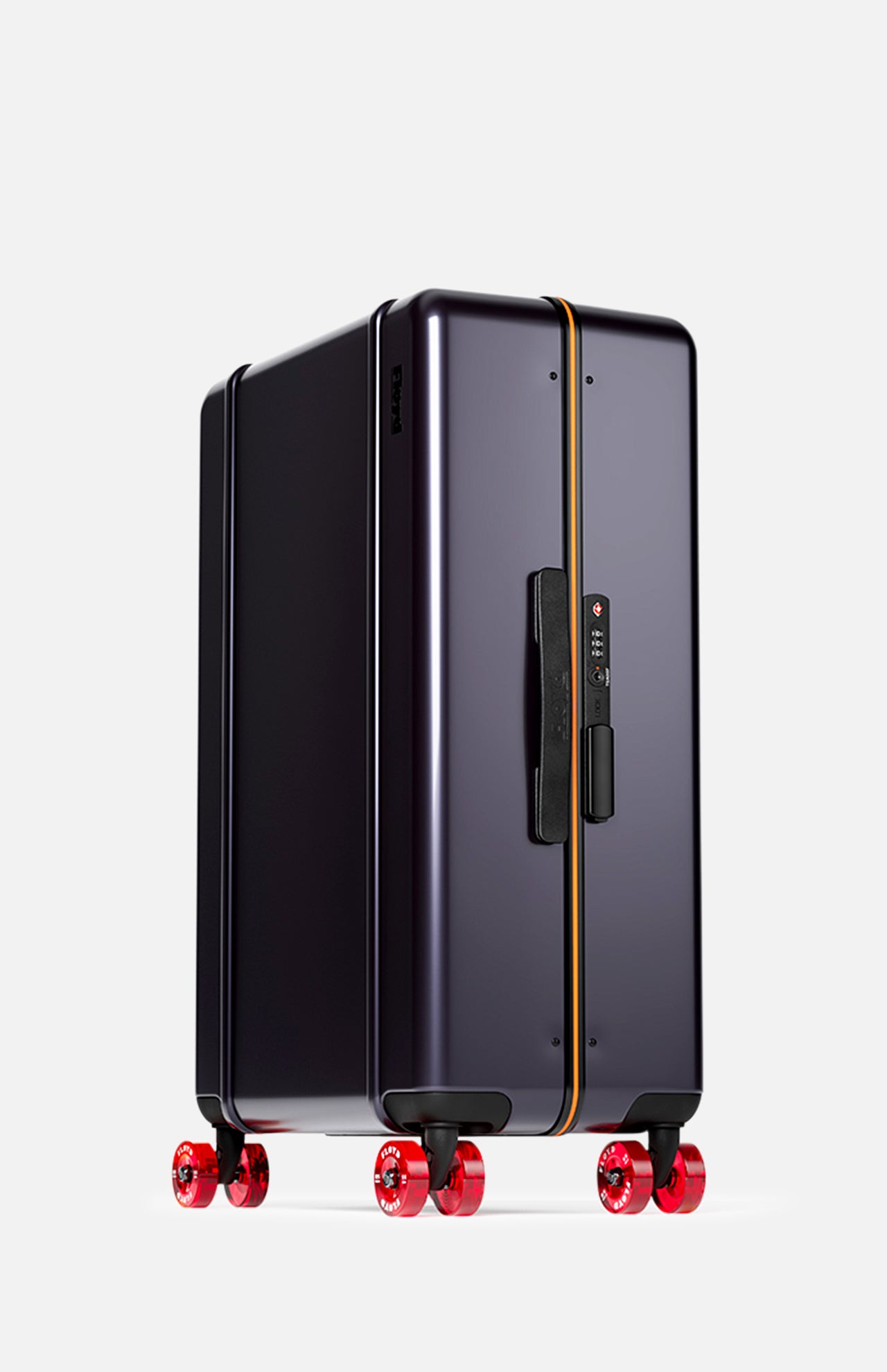 The FLOYD Check-In Suitcase stands upright against a plain light background, featuring a sleek dark purple hard-top, yellow accent stripe, black handle, TSA lock, and four transparent red 360° spinner wheels.