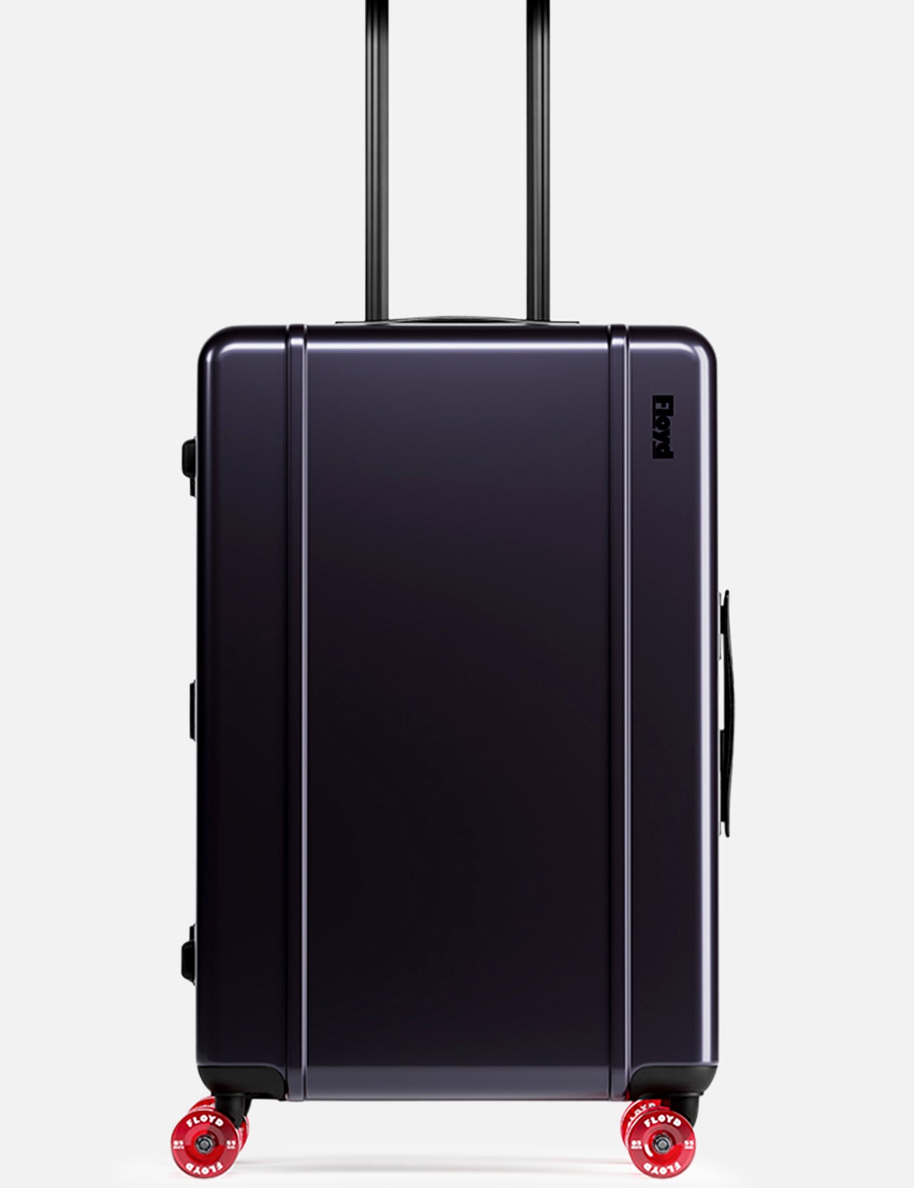 The Check-In Suitcase by FLOYD features a hard-top design in a dark hue, TSA lock, telescoping handle, and four red 360° spinner wheels. It is pictured upright against a plain light background.