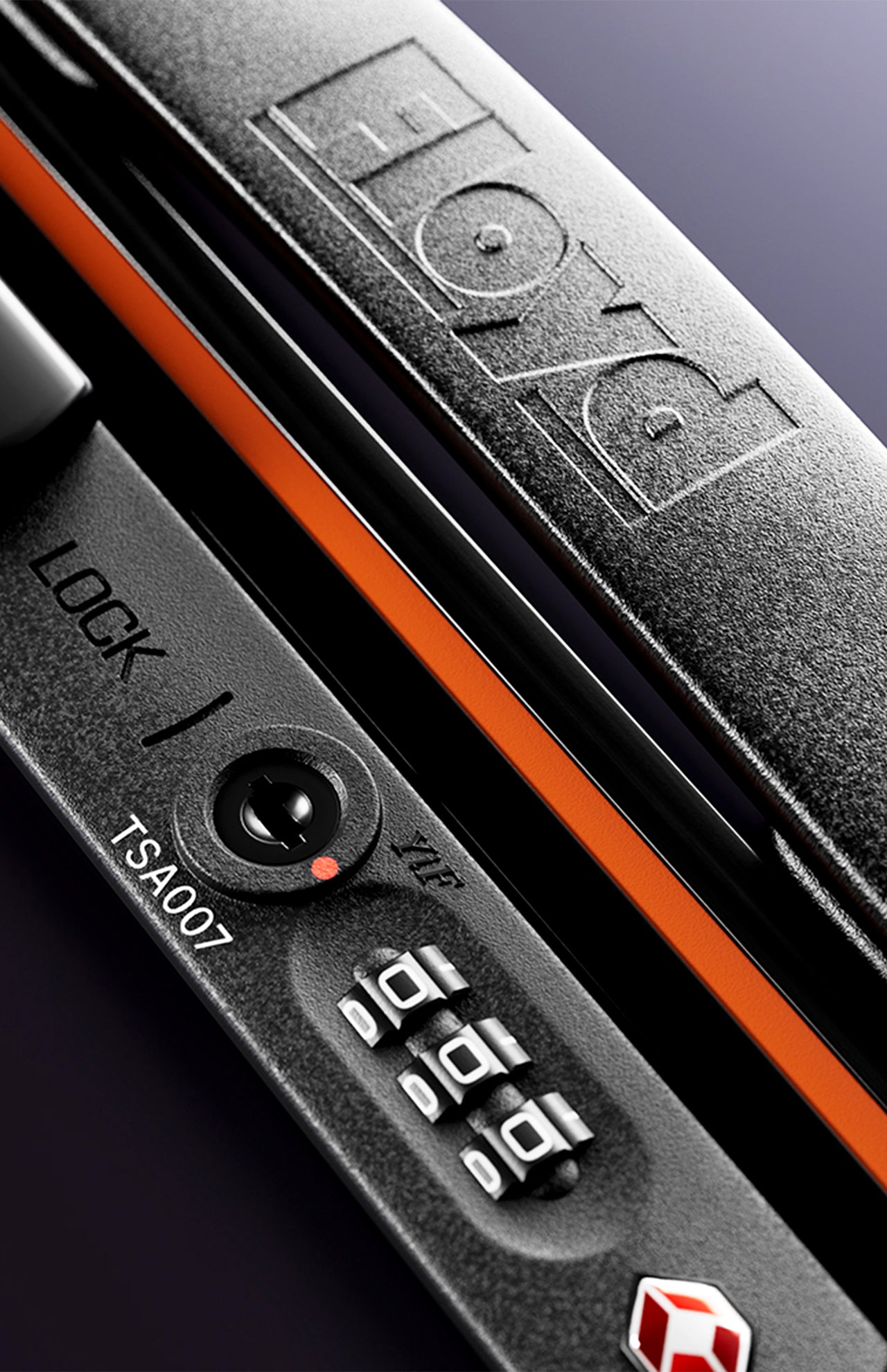 Close-up of The Check-In Suitcase’s black hard-top lock with FLOYD branding, orange accent, TSA007 code, red TSA logo, and a three-digit combination lock.