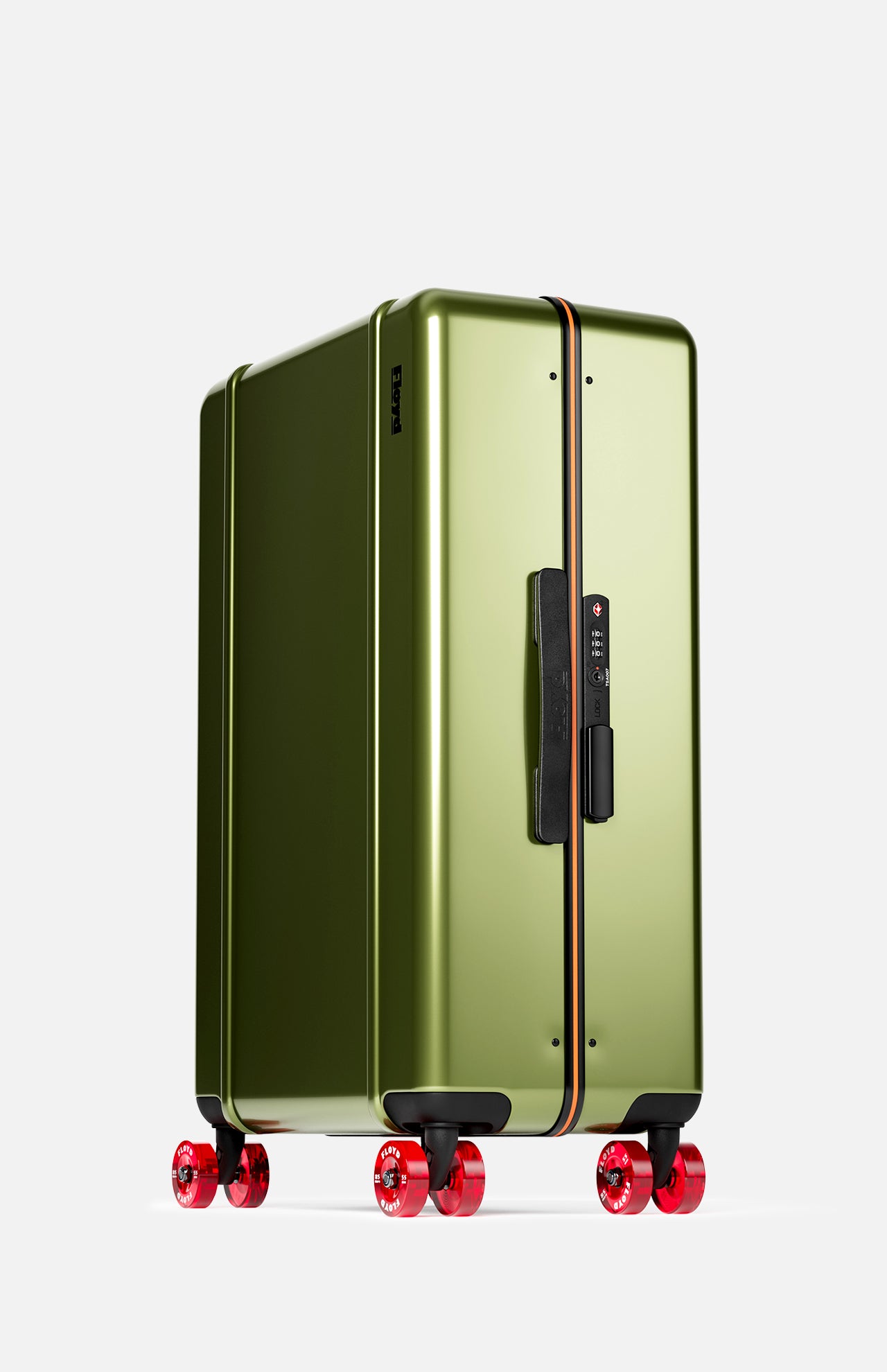 The Check-In Suitcase by FLOYD is a hard-top olive green suitcase with a black handle, orange zipper line, TSA lock, and red skateboard spinner wheels, shown upright on a white background.