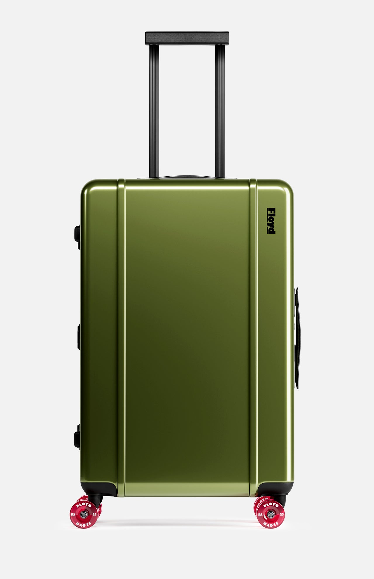 The FLOYD Check-In Suitcase features a green hard-top design, black handles, a secure TSA lock, and four red skateboard spinner wheels. It stands upright on a white background.