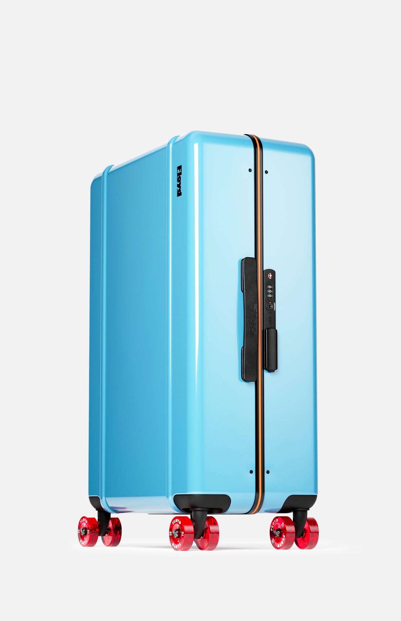 The FLOYD Check-In Suitcase, featuring a light blue hard shell, black handle, orange center stripe, and four transparent red 360° spinner wheels, is shown upright on a plain white background.