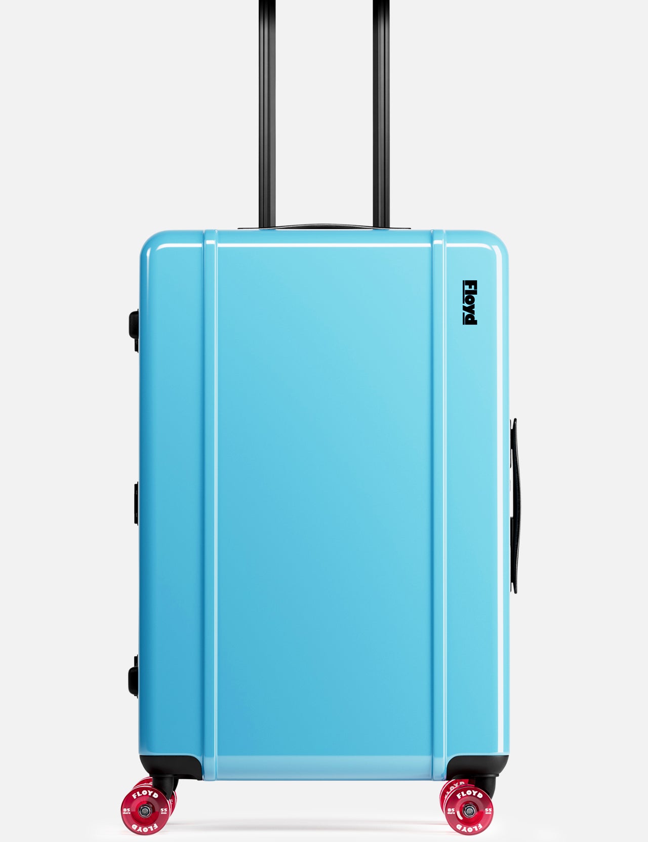 The FLOYD Check-In Suitcase is a bright blue hard-top case with a TSA lock, black handle extended upward, and four red 360° spinner wheels, shown upright against a plain white background.