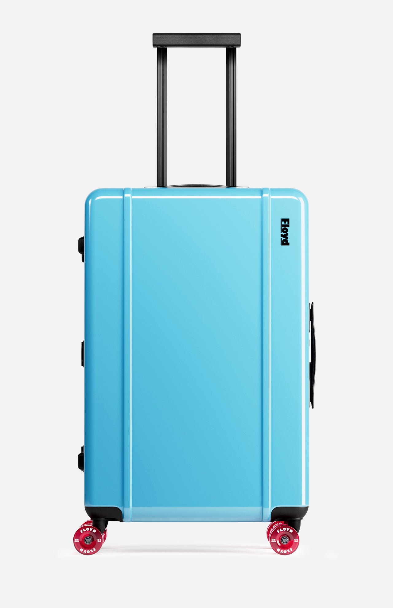 The FLOYD Check-In Suitcase is a bright blue hard-top case with a TSA lock, black handle extended upward, and four red 360° spinner wheels, shown upright against a plain white background.