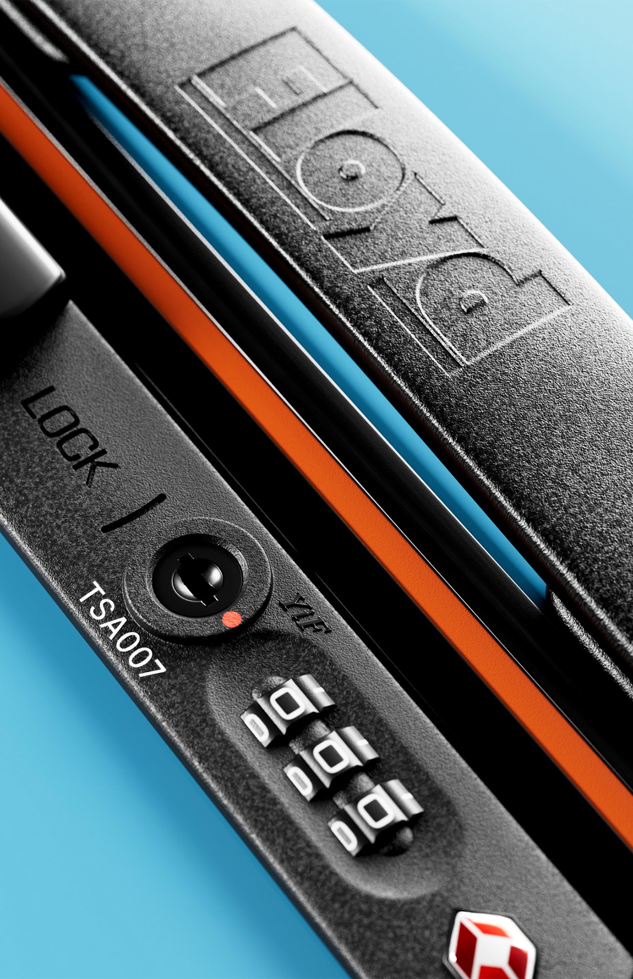 Close-up of The Check-In Suitcase by FLOYD, featuring a hard-top lock with an embossed handle, TSA007 keyhole, combination dials, and an orange accent—shown against a vibrant blue background.