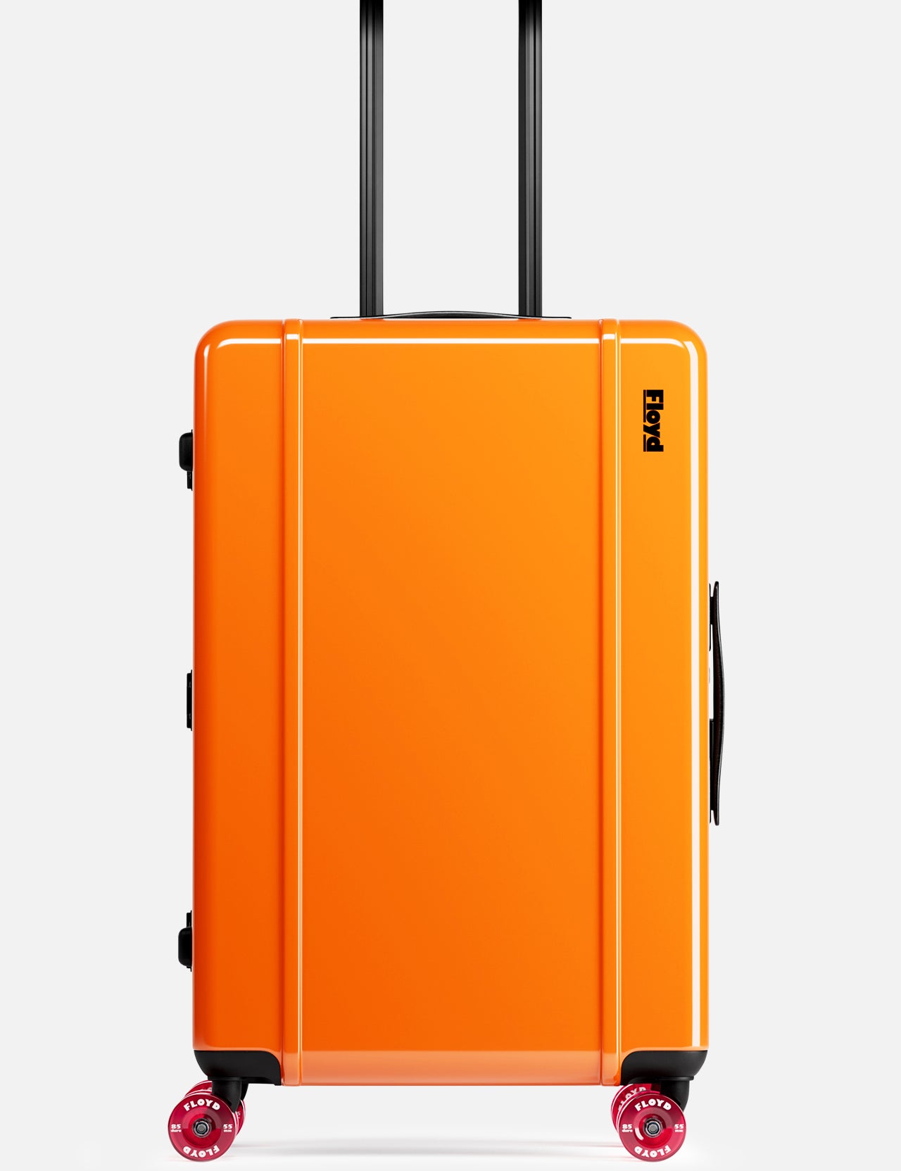 The FLOYD Check-In Suitcase is an upright, hard-top orange luggage with four pink skateboard spinner wheels, a black side handle, and an extended telescopic handle, shown against a plain white background.