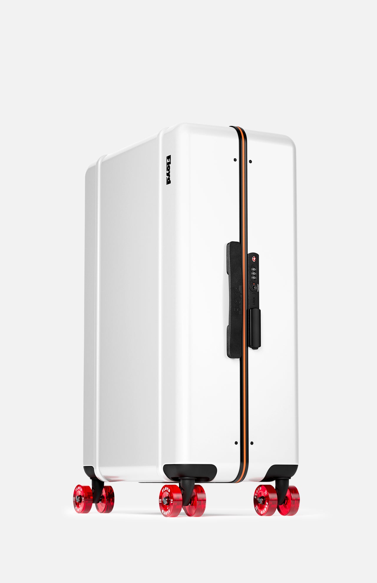The Check-In Suitcase by FLOYD stands upright on a light gray background, featuring a modern white hard-top design, black handle, orange accent line, and four red transparent skateboard-style spinner wheels.