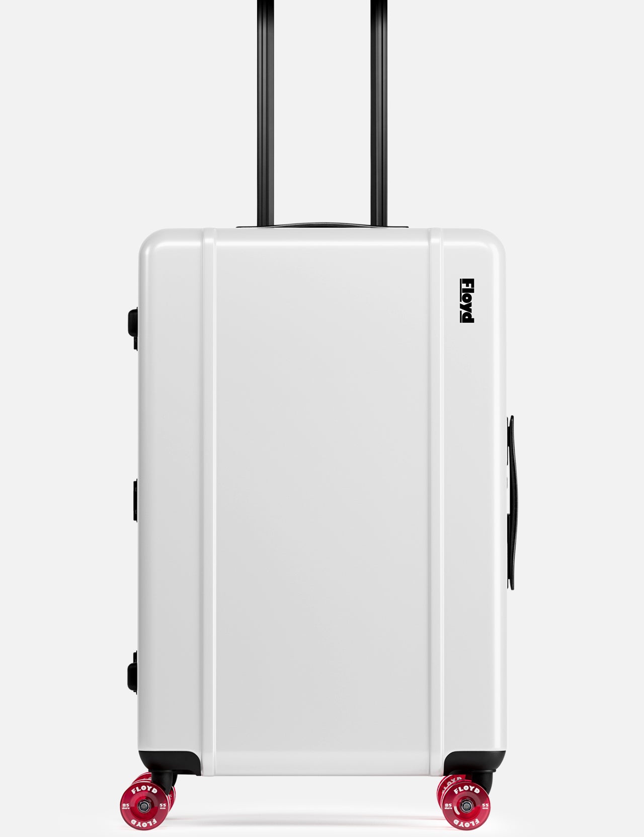 The Check-In Suitcase by FLOYD is a white hard-top with a black telescopic and side handle, distinctive red skateboard spinner wheels, and the FLOYD logo printed near the top right.