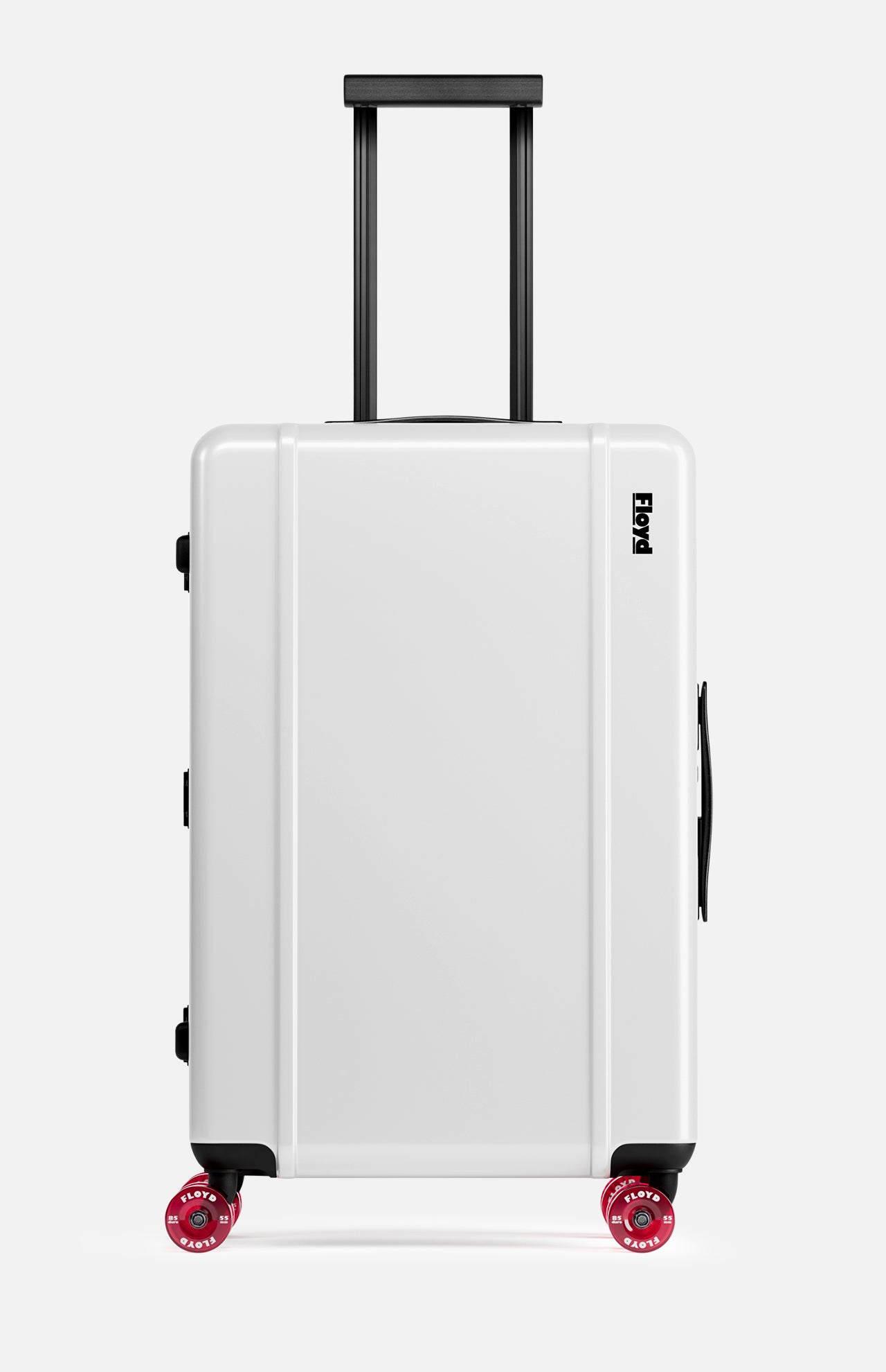 The Check-In Suitcase by FLOYD is a white hard-top with a black telescopic and side handle, distinctive red skateboard spinner wheels, and the FLOYD logo printed near the top right.
