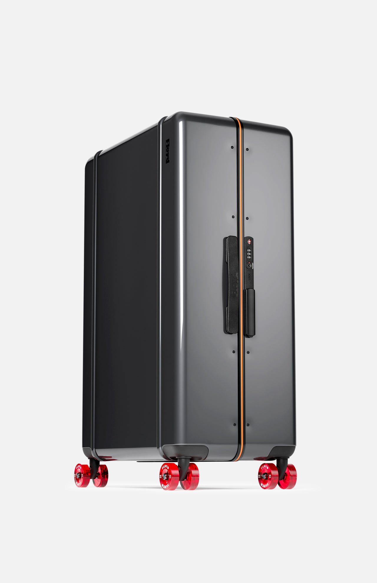 The Trunk Suitcase by FLOYD features a sleek black hard-top design with an orange accent stripe and stands upright on four transparent red skateboard spinner wheels against a plain light background.