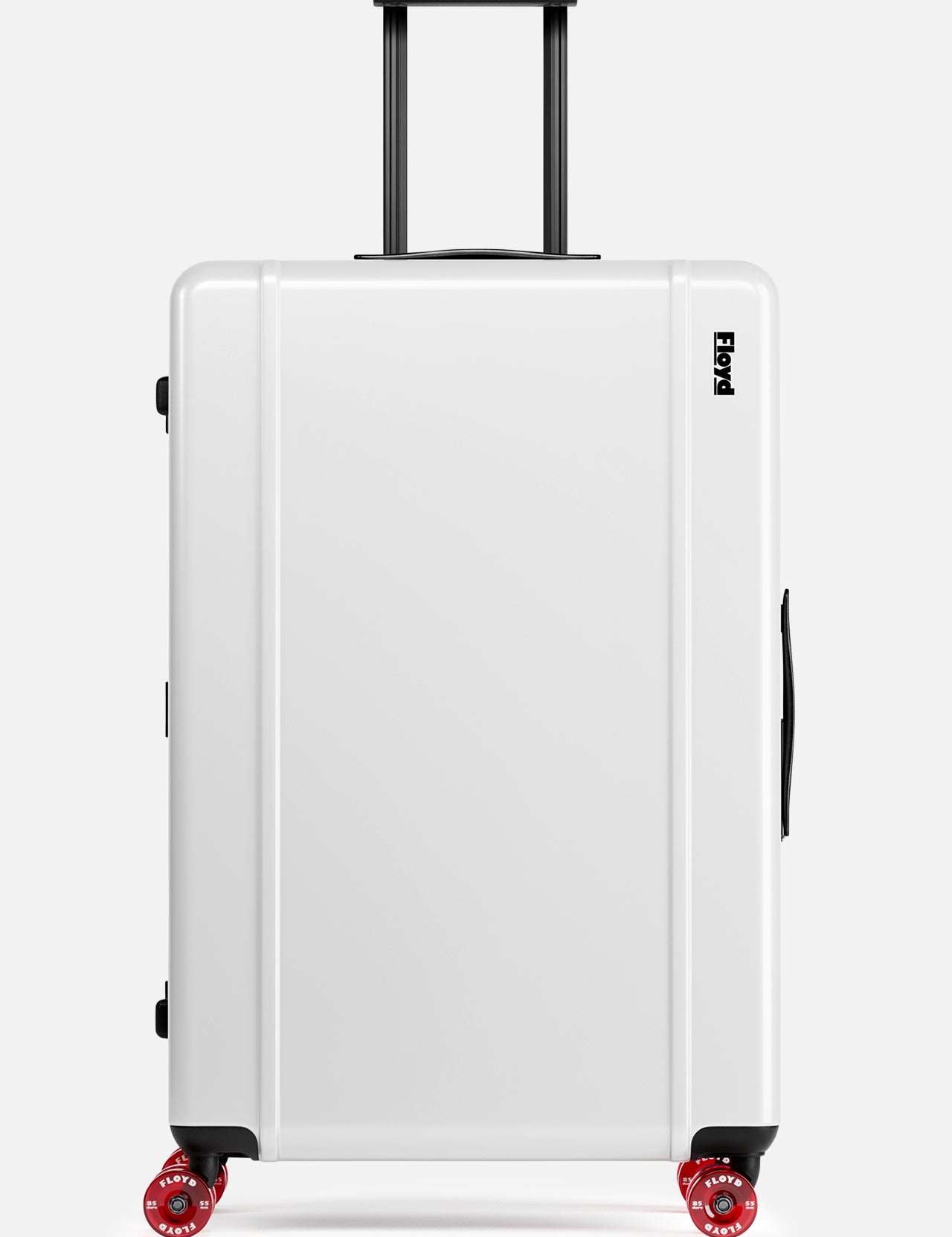The Trunk Suitcase by FLOYD is a white hard-top check-in suitcase with black handles and four red skateboard spinner wheels, shown upright on a plain background. The FLOYD logo appears near the top right corner.